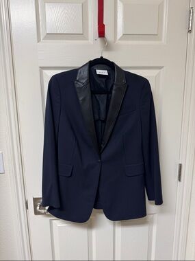 Akris Navy Blazer with Black Leather Lapel